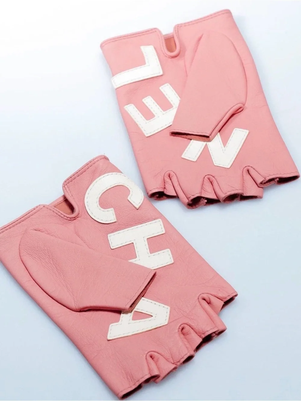 CHANEL Letters Pink White Leather Fingerless Gloves 7.5